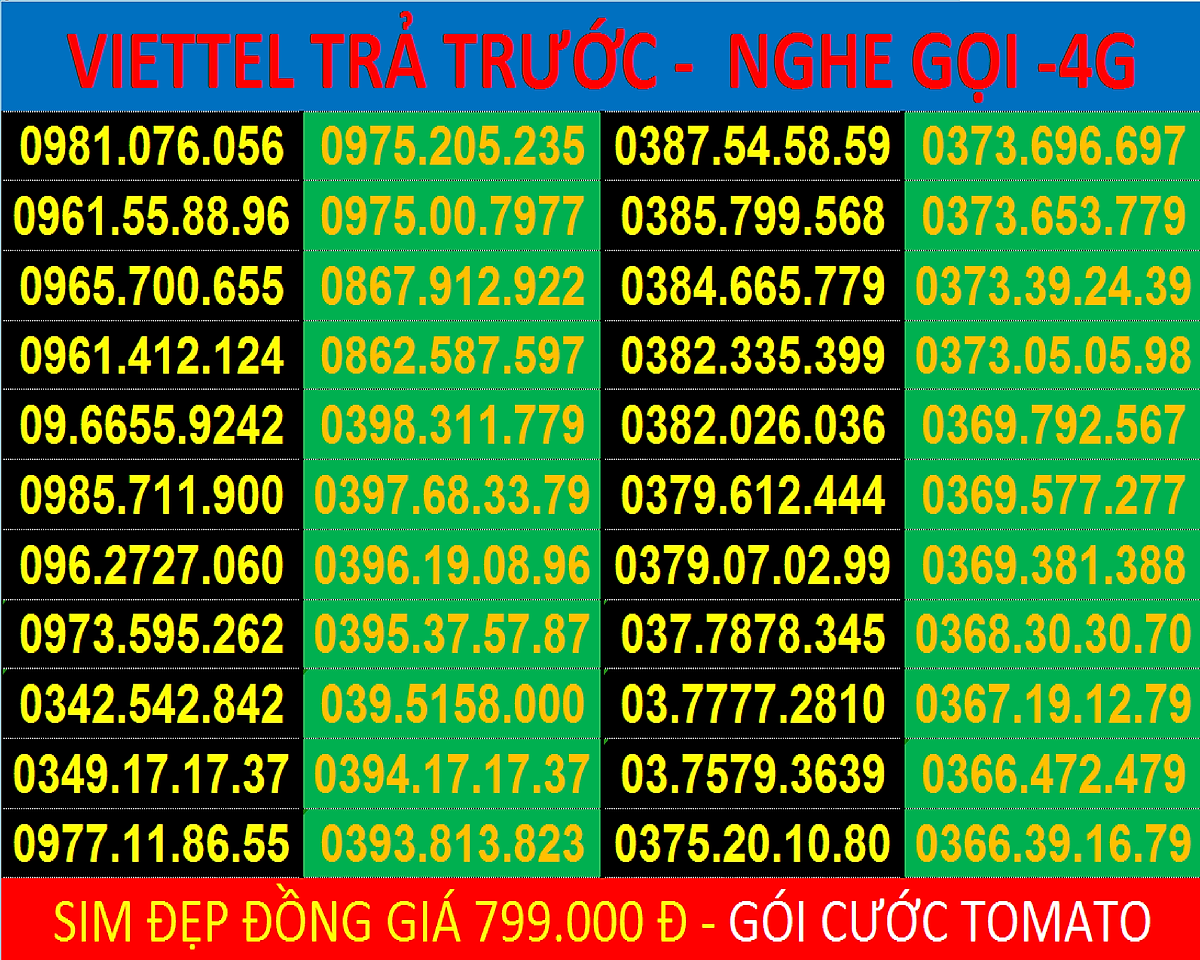 Sim Viettel Đẹp Trả Trước - Được Chọn Số - Sim Gói Cước Tomato - Nghe Gọi -  4G - Đồng