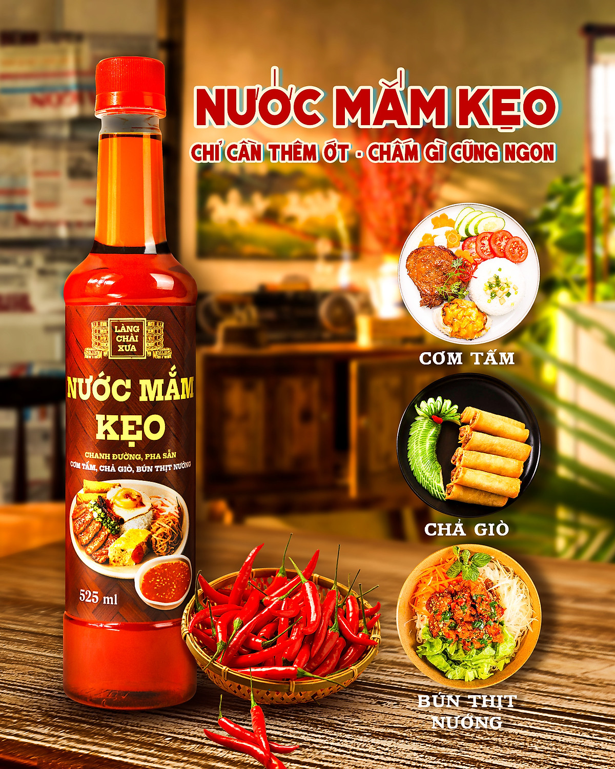 Nước mắm kẹo Làng Chài Xưa 525ml/chai chanh đường pha sẵn, dùng ngay với cơm tấm, chả giò, bún thịt nướng, chỉ cần thêm ớt