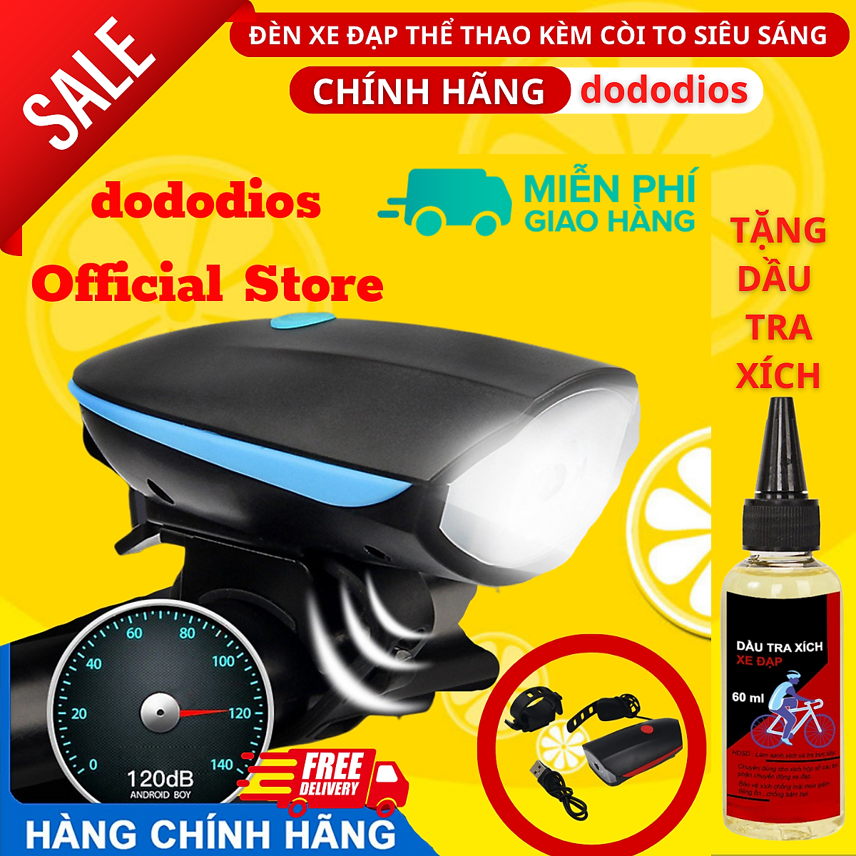 Đèn xe đạp thể thao dododios siêu sáng có còi pin sạc usb led T6 chống nước - Hàng chính hãng