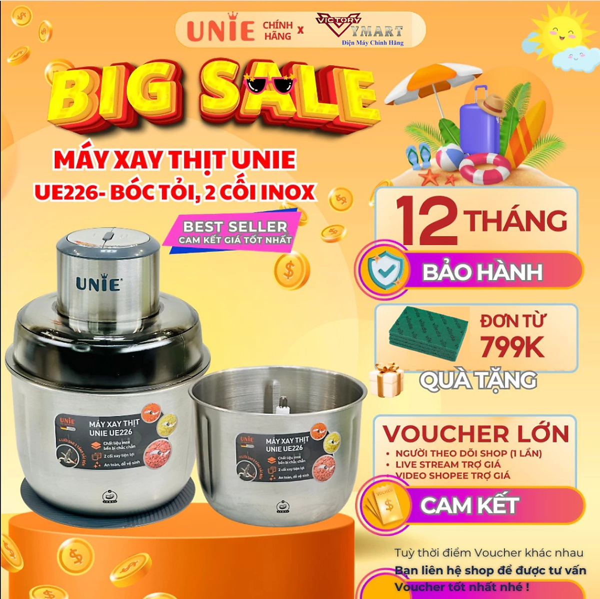 Máy Xay Thịt, Xay Thực Phẩm UNIE UE-226 - Đánh Chà Bông, Bóc Tỏi Tiêu Chuẩn Đức Thép Hợp Kim Dung Tích 2.5 Lít Công Suất 300 W - Hàng Chính Hãng