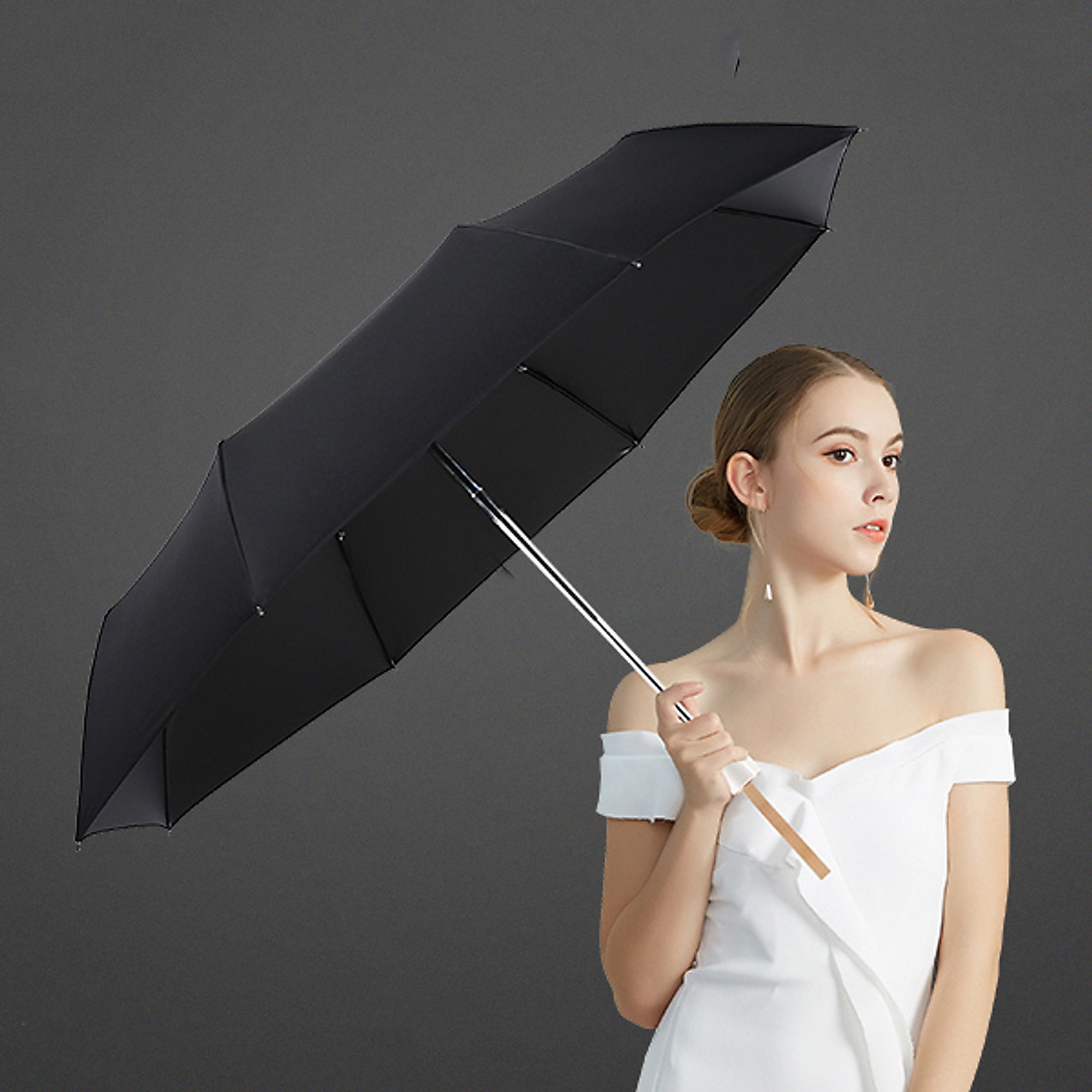 Ô dù cầm tay tự động cao cấp chống UV đơn màu Black | Tiki