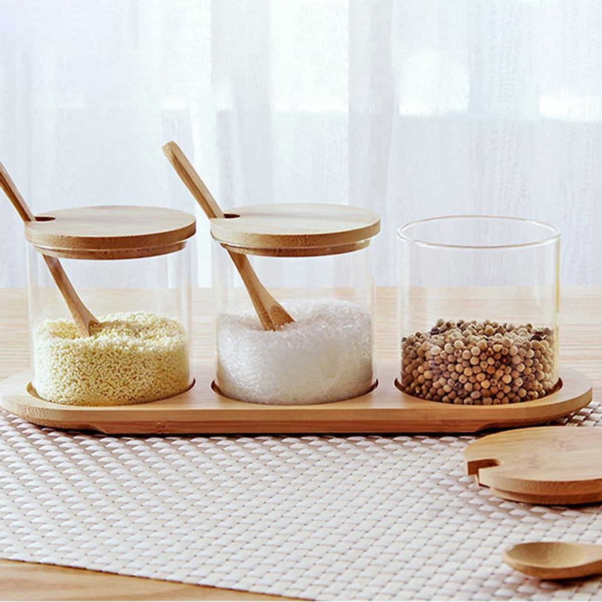 Kitchen Spice Storage Glass Jars Canister Set with Lids, Base Tray & Spoon