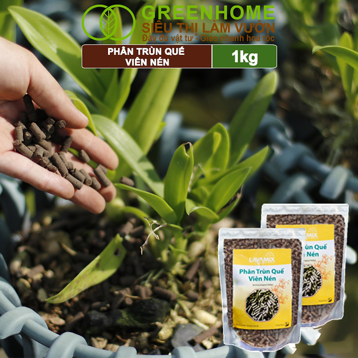 Phân Trùn Quế Viên Nén Greenhome, Lavamix, Bao 1kg, Dinh Dưỡng Hữu Cơ, Không Mùi, Tốt Cho Lan, Bonsai, Rau, Cây Ăn Trái