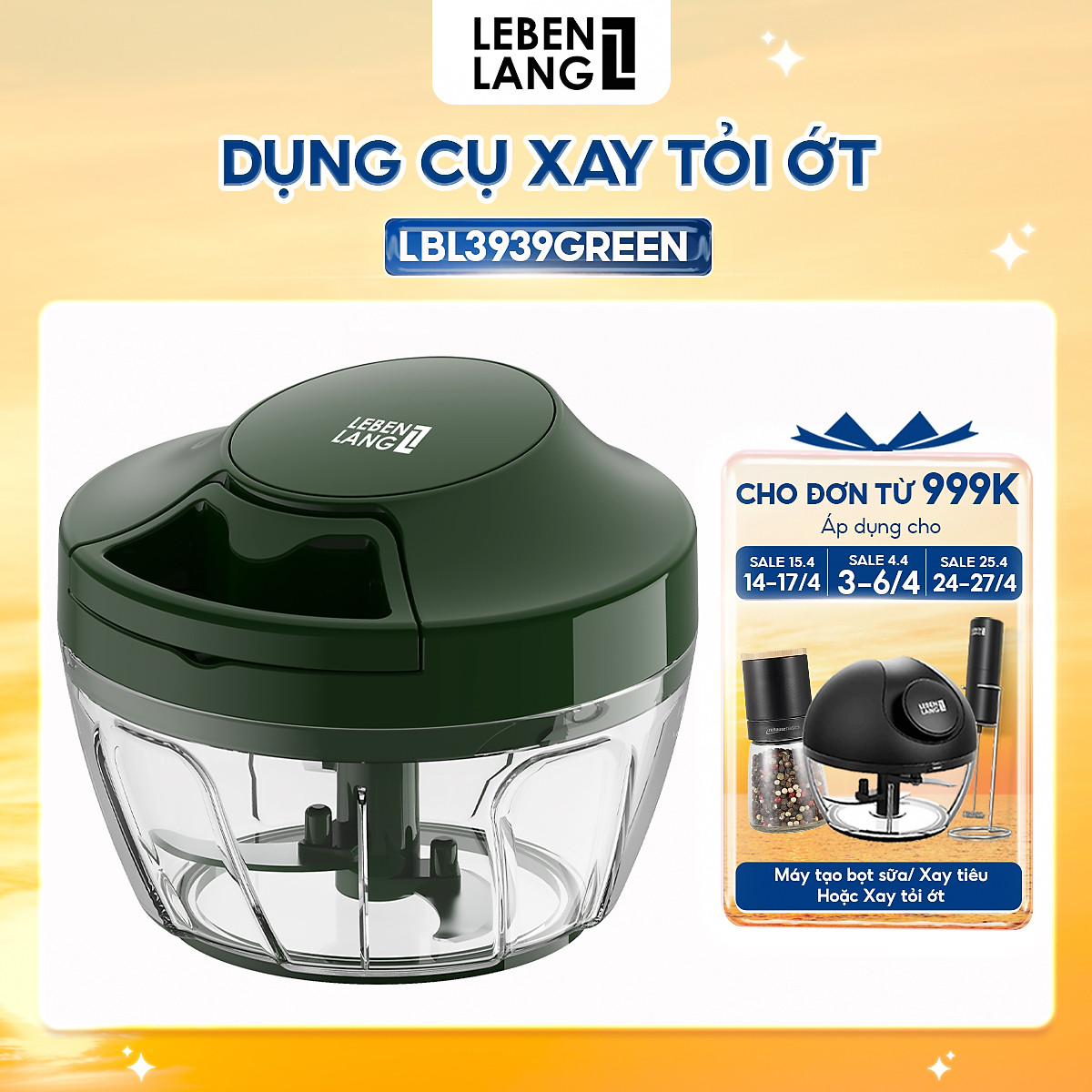 Dụng cụ xay tỏi ớt, thực phẩm Lebenlang LBL3939 lưỡi xay inox sắc bén, dây rút tiện lợi - hàng chính hãng