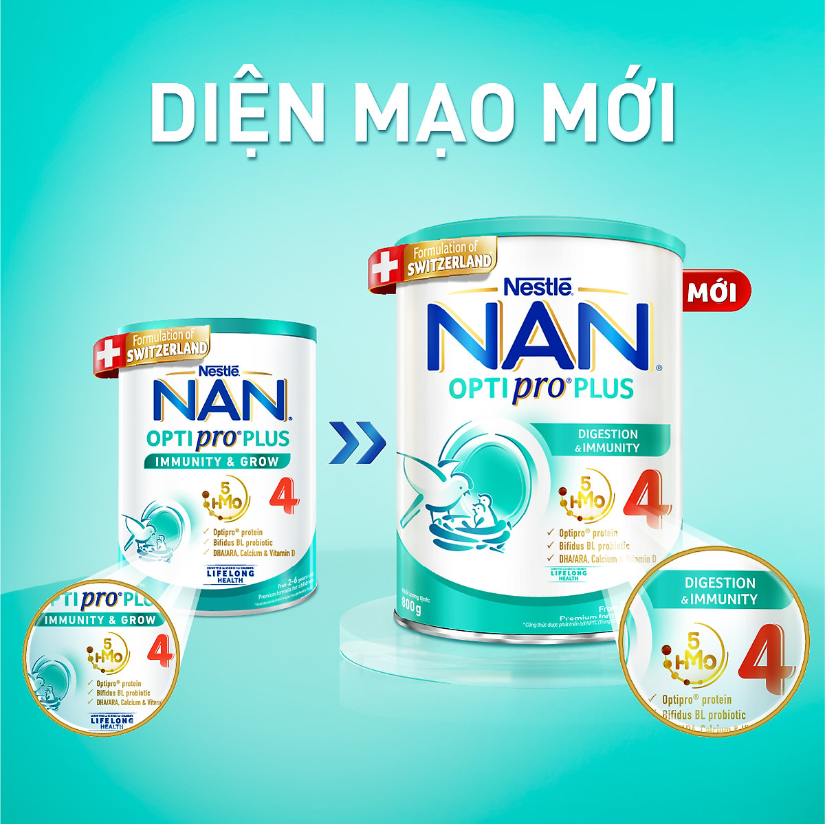 Sữa bột Nestlé NAN OPTIPRO PLUS 4 800g/lon với 5HMO Giúp tiêu hóa tốt + Tăng cường đề kháng - Bé 2-6 tuổi