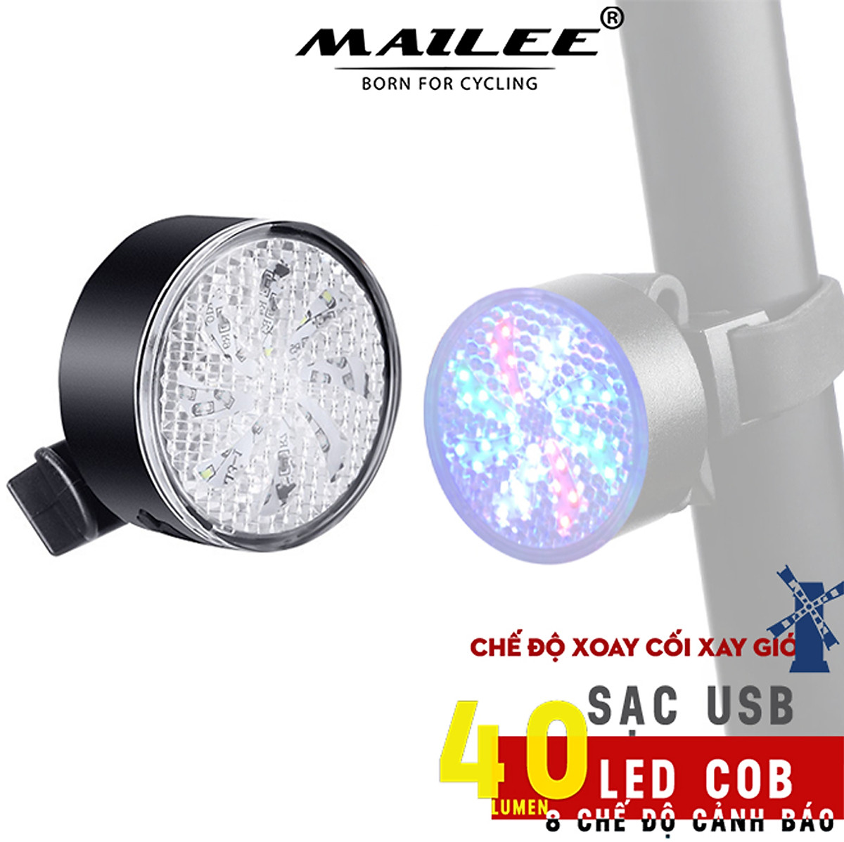 Đèn hậu cảnh báo xe đạp gắn sau CỐI XAY GIÓ AQ-113 dung lượng 500mAh 8 chế độ cảnh báo, sạc USB, chống nước IPX4 - Mai Lee