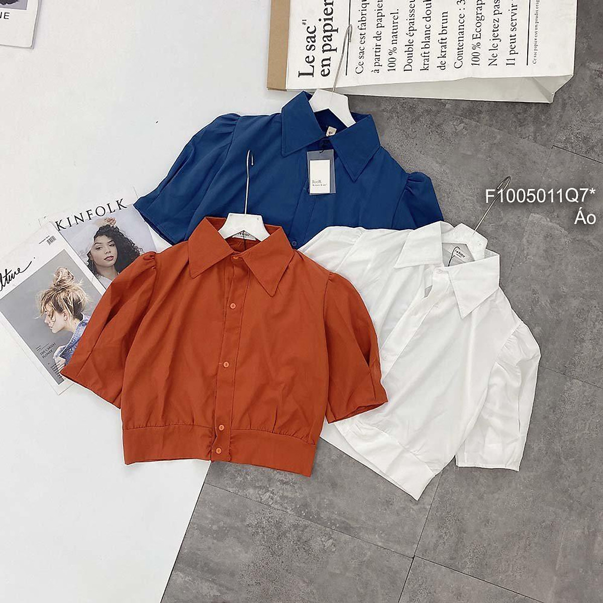 Áo sơ mi croptop tay ngắn túi trước SMU00143