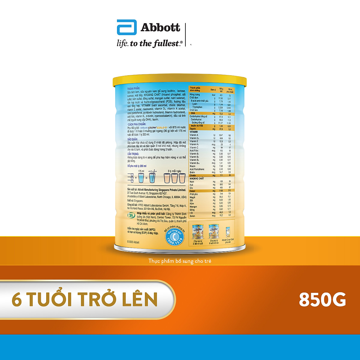 Sữa Abbott Grow Gold 6+ 850g cho trẻ từ 6 tuổi trở lên
