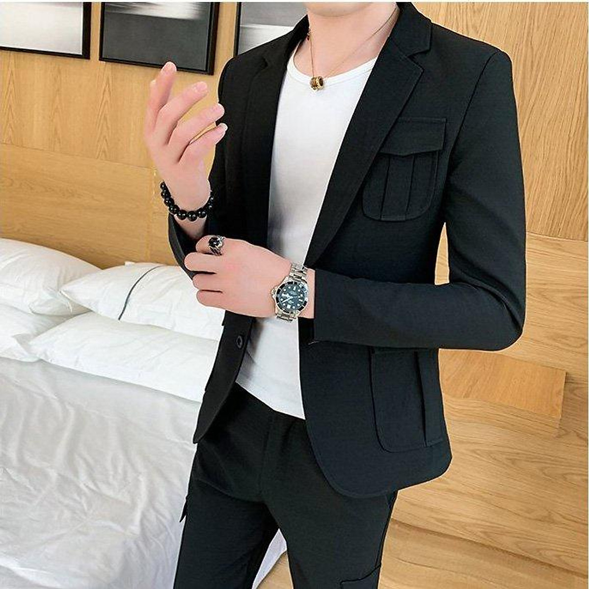 Áo Vest blazer nam Cotton Tay dài Trơn form Fitted  10F21VES001