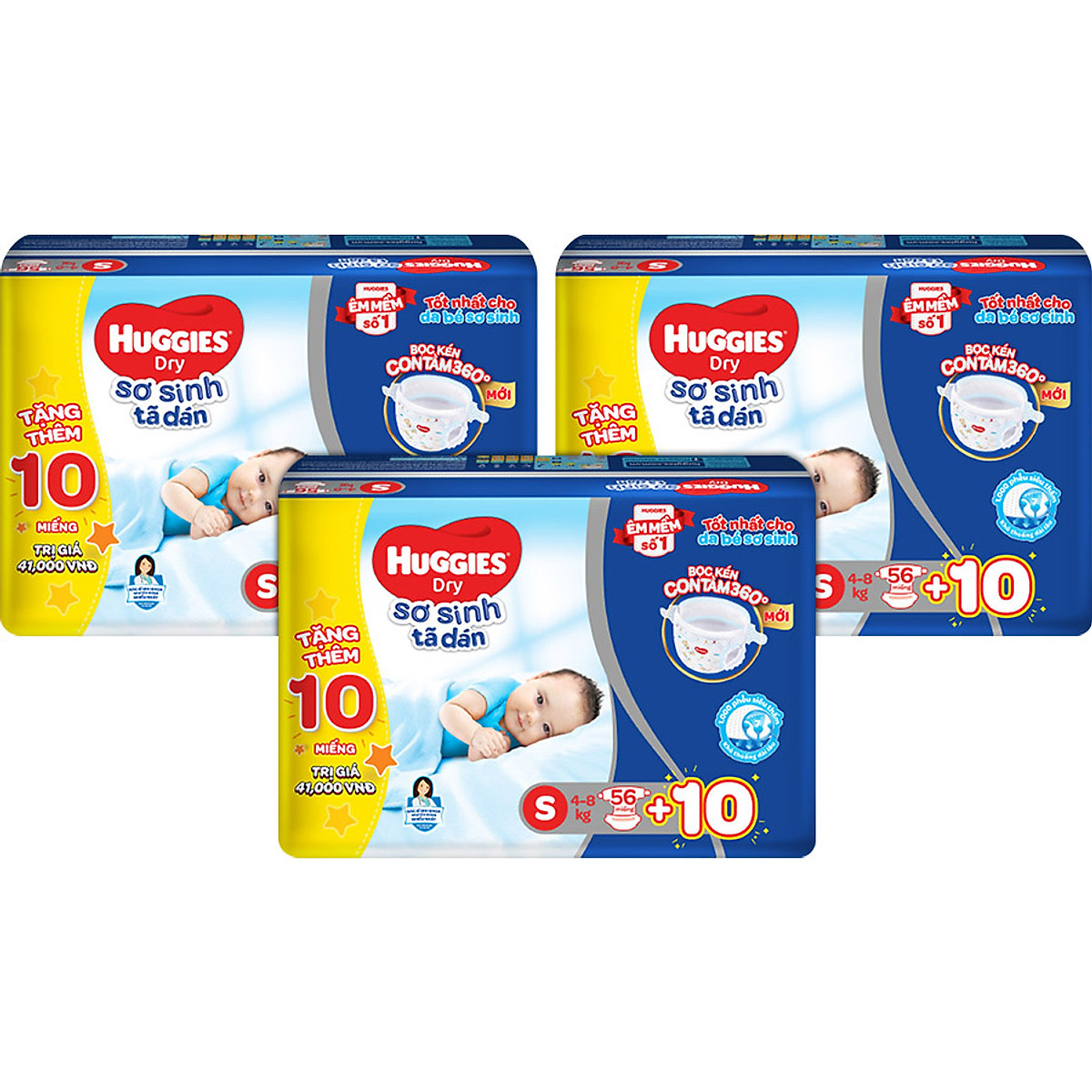 Combo 3 Gói Tã Dán Sơ Sinh Huggies S56 (4kg-8kg) - Gói 56 Miếng - Tặng 10 miếng
