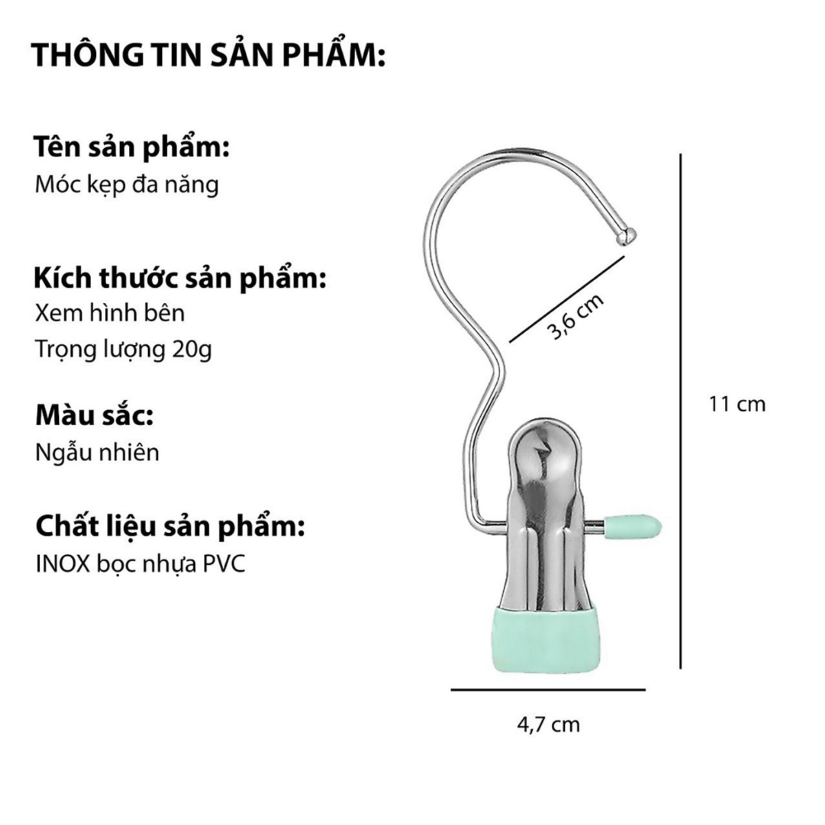 Móc Kẹp Đơn Chất Liệu Thép Không Gỉ, Móc Treo Đa Năng Cần Thiết Trong Mọi Gia Đình Treo Quần Áo, Mũ, Nón ,Tất, Vớ Chống Gió Thổi Bay Đa Năng Bằng Inox Bọc Nhựa - Màu Ngẫu Nhiên