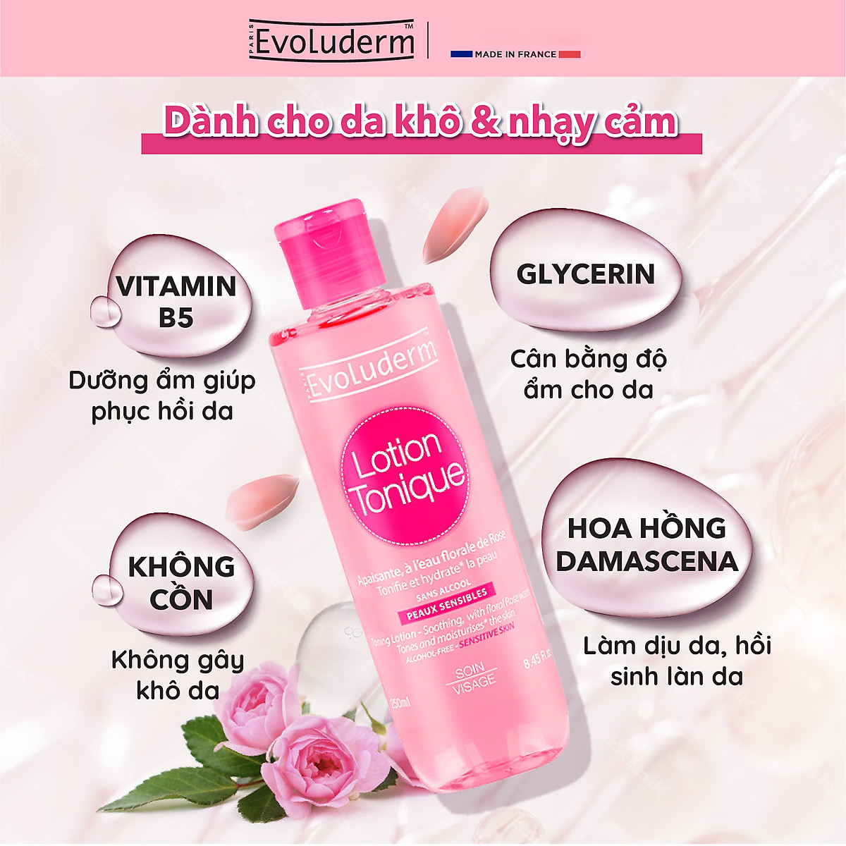 Nước hoa hồng Evoluderm se khít lỗ chân lông, dưỡng ẩm & làm sạch 250ml