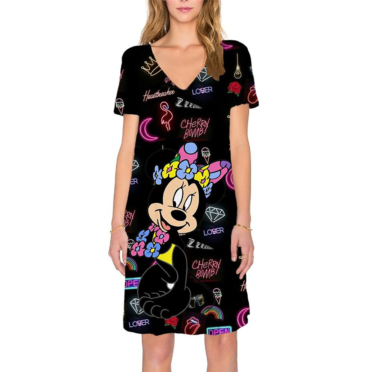 Mùa Hè 2023 Nữ Disney Mickey Minnie Tranh Váy Cổ Chữ V Tay Ngắn ...