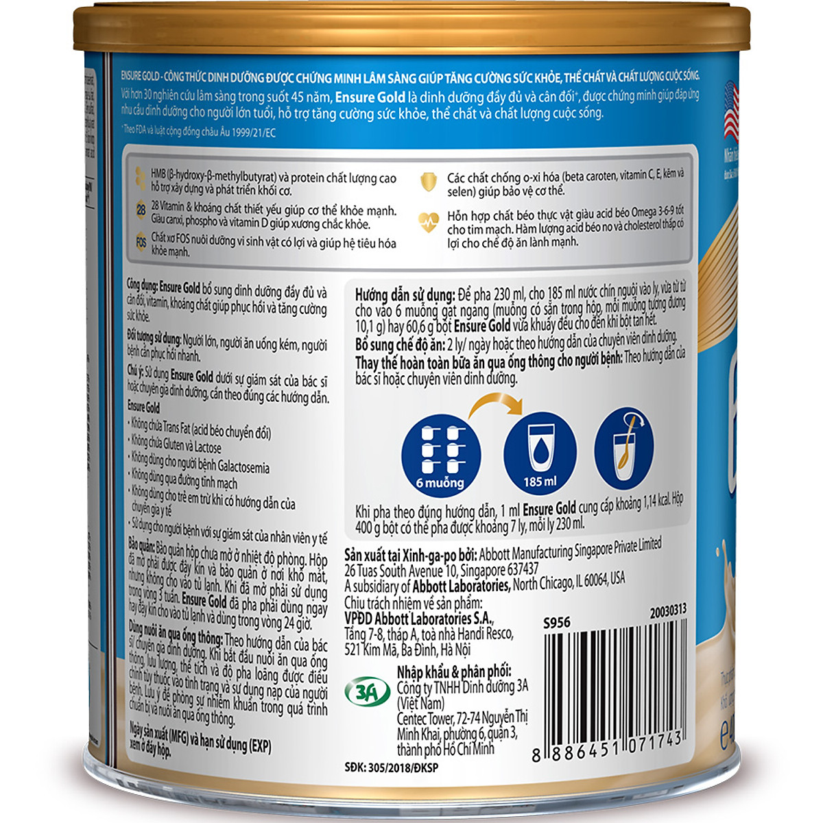 Thực phẩm dinh dưỡng y học: Ensure Gold hương Lúa mạch 400g