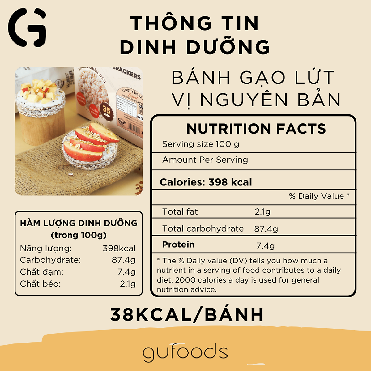 Bánh gạo lứt nguyên hạt ăn kiêng GUfoods (Gói 170g=18 bánh) - Không chiên dầu, Phù hợp Eat clean, Ăn vặt healthy, Thực dưỡng, Tập Gym, Giảm cân