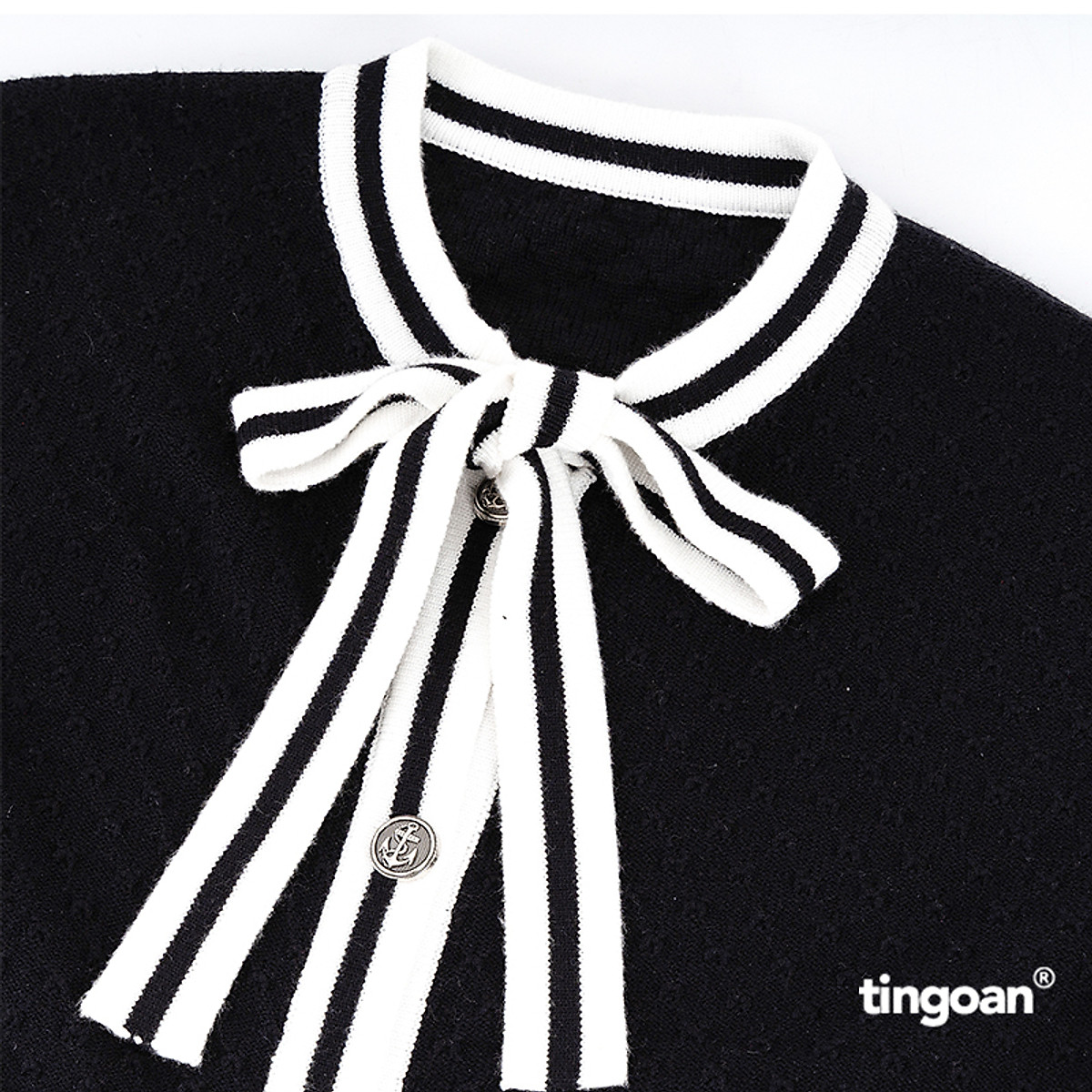 Áo len cardigan đen viền trắng buộc nơ cổ BARBIE HEART CARDIGAN/BL