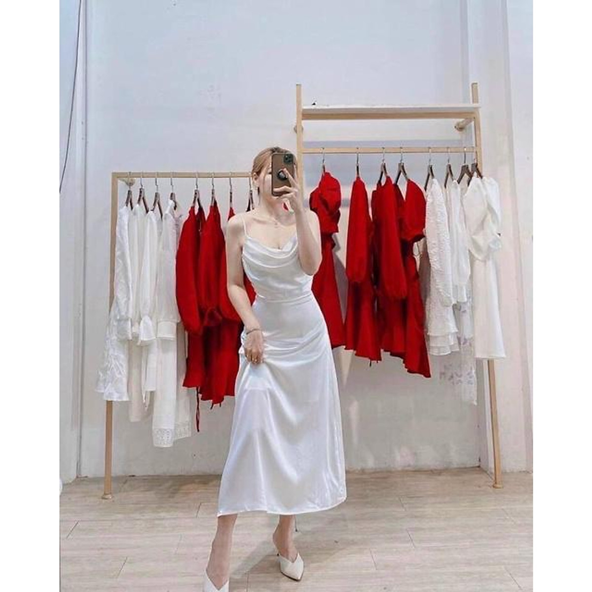 AMIE  Váy Lụa Thời Trang Cao Cấp Cổ Đổ 2 Dây Dàng Ngắn Sang trọng D05   Thời trang AMIE