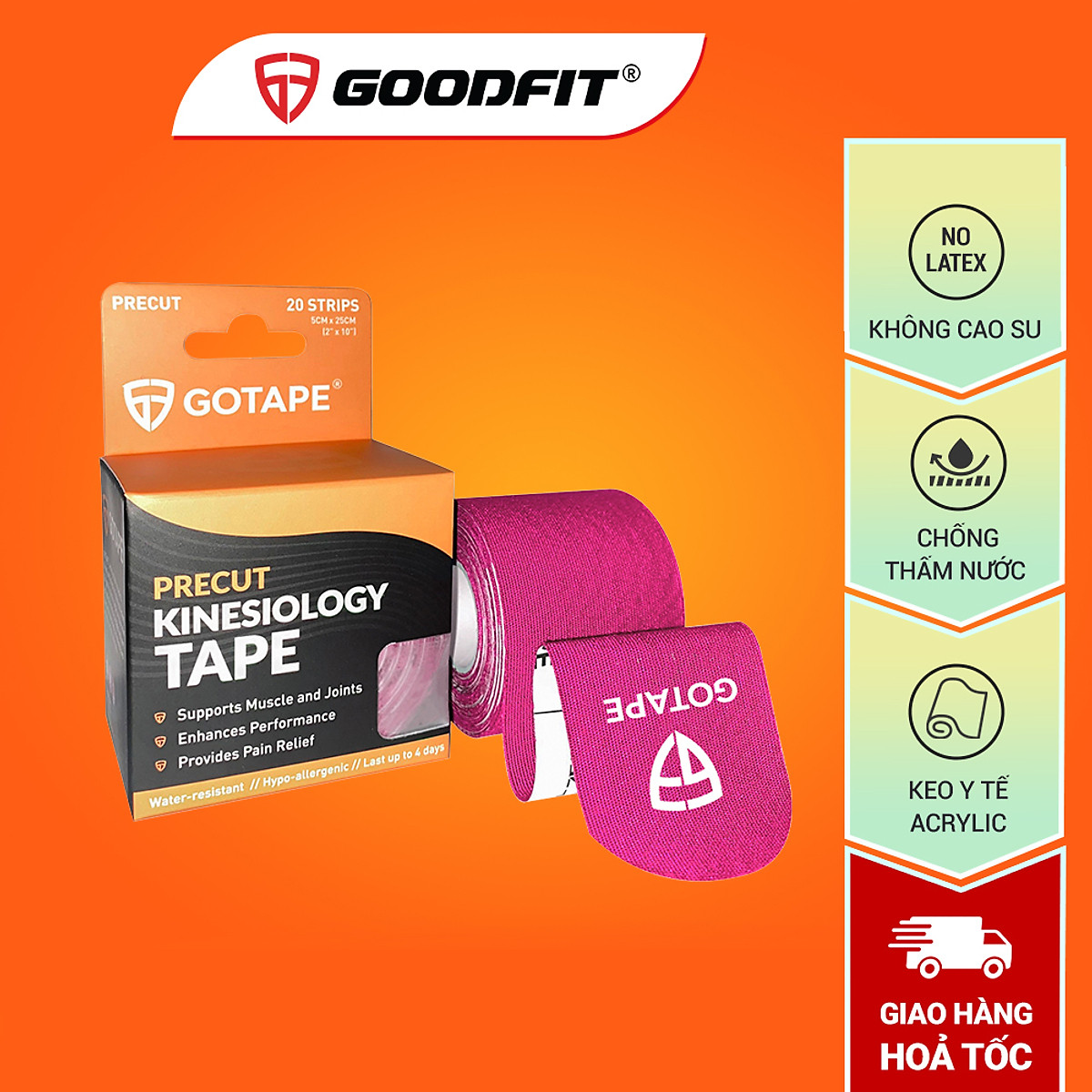 Băng dán cơ thể thao GoodFit Gotape, cuộn Pre-cut, 5cm*5m, chất liệu Rayon cao cấp, không chứa cao su