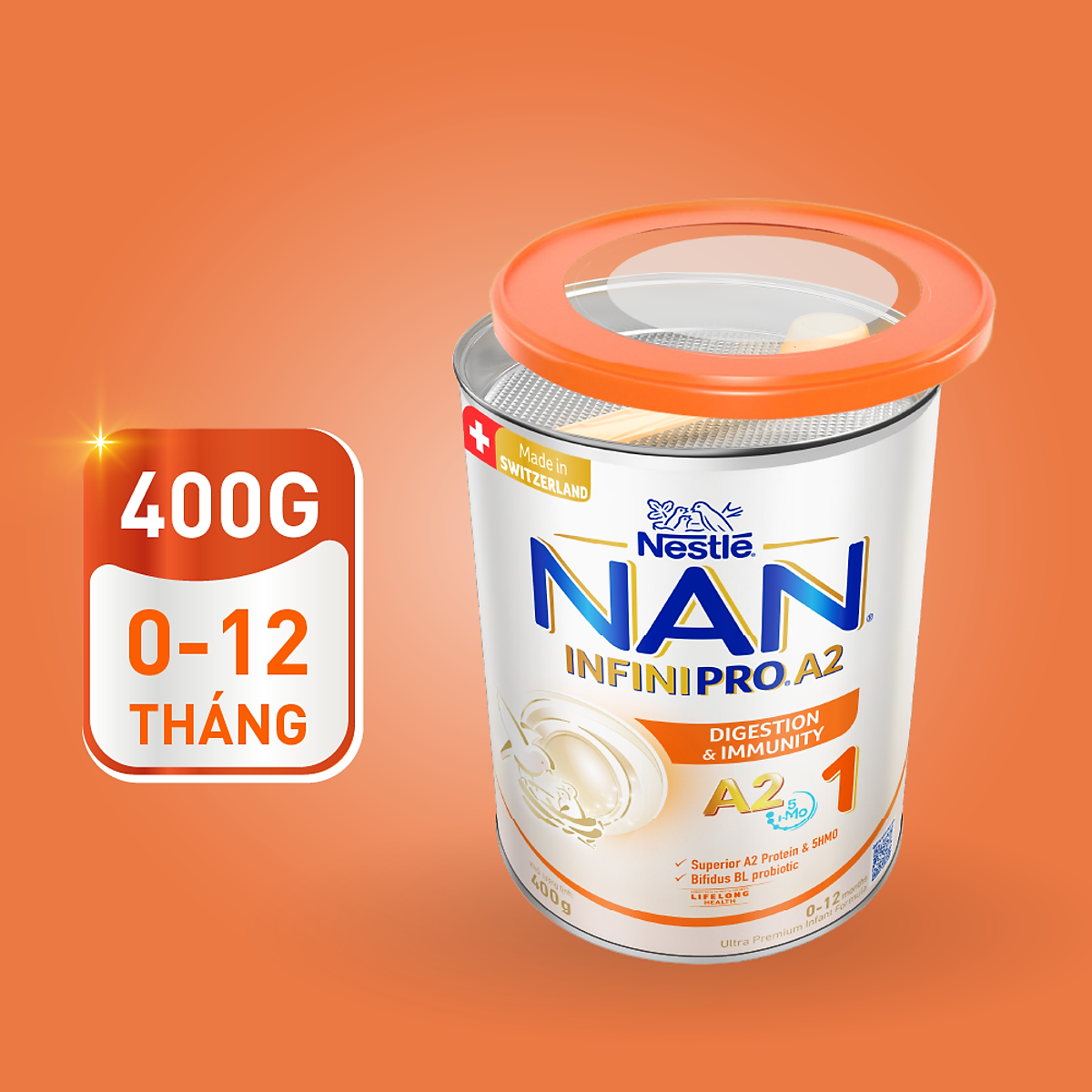 Sữa bột NAN INFINIPRO A2 Thụy Sĩ 1 400g với sự kết hợp độc đáo giữa đạm quý A2 và 5HMO (0 - 12 tháng)