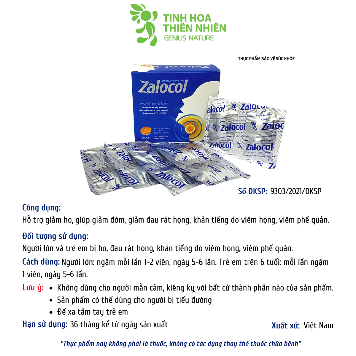 Viên ngậm ho thảo mộc Zalocol Hỗ trợ giảm đờm, đau rát họng, khản tiếng (Hộp 20 viên) - Genat - Giao 2H HCM