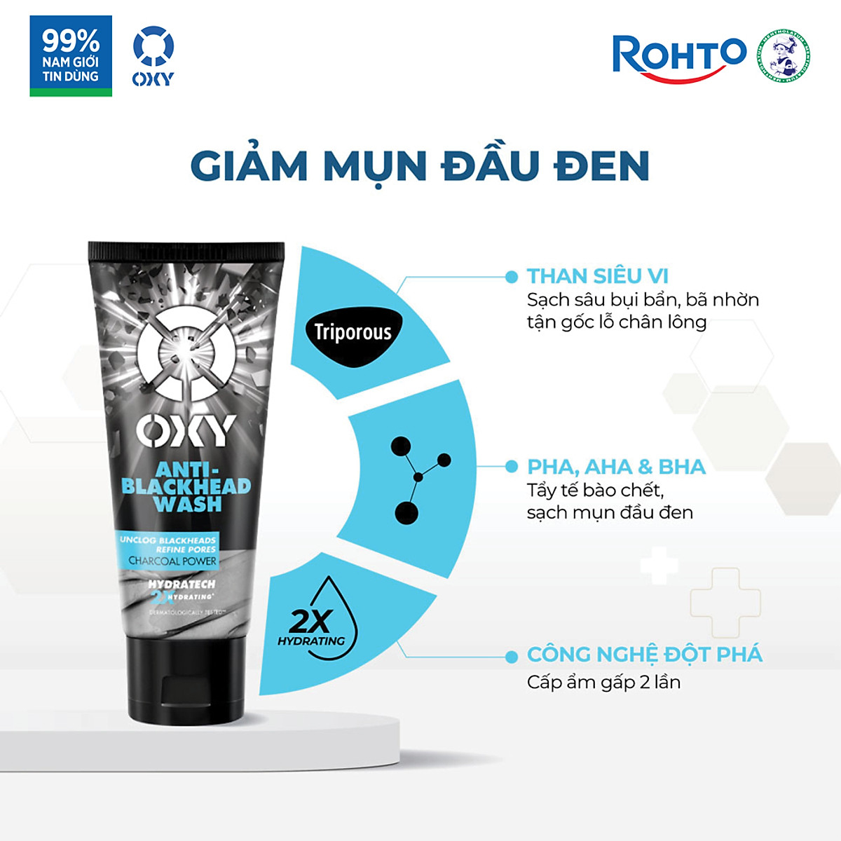 Sữa rửa mặt cho nam Oxy sạch tế bào chết, giảm mụn đầu đen, dạng kem Oxy Anti-Blackhead Wash 100g