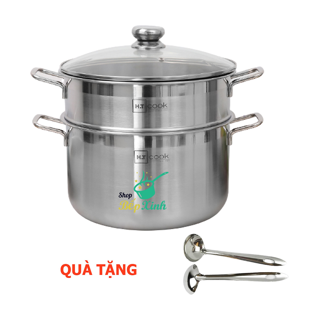 Bộ Nồi Xửng Hấp inox 430 Cao Cáp Fivestar H.T Cook Bếp Từ 1 Đáy Nắp Kính , tặng 1 vá canh 26cm | 28cm | 30cm | 32cm