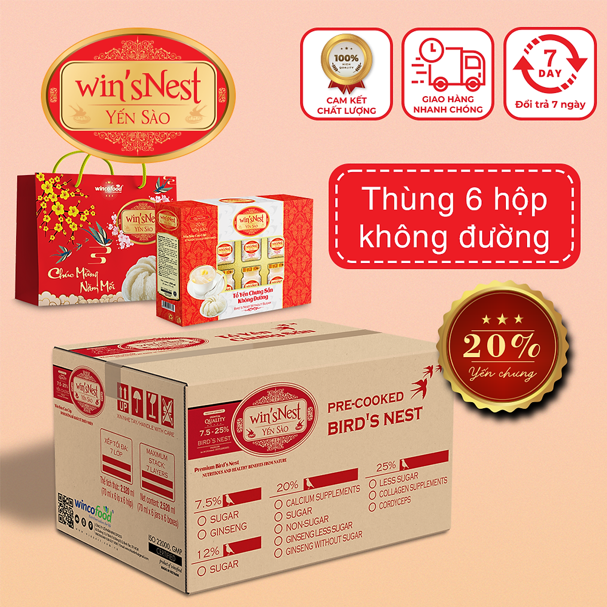 Yến Sào win'sNest Tổ Yến Chưng Sẵn 20% Không Đường (6 Lọ/Hộp) kèm túi