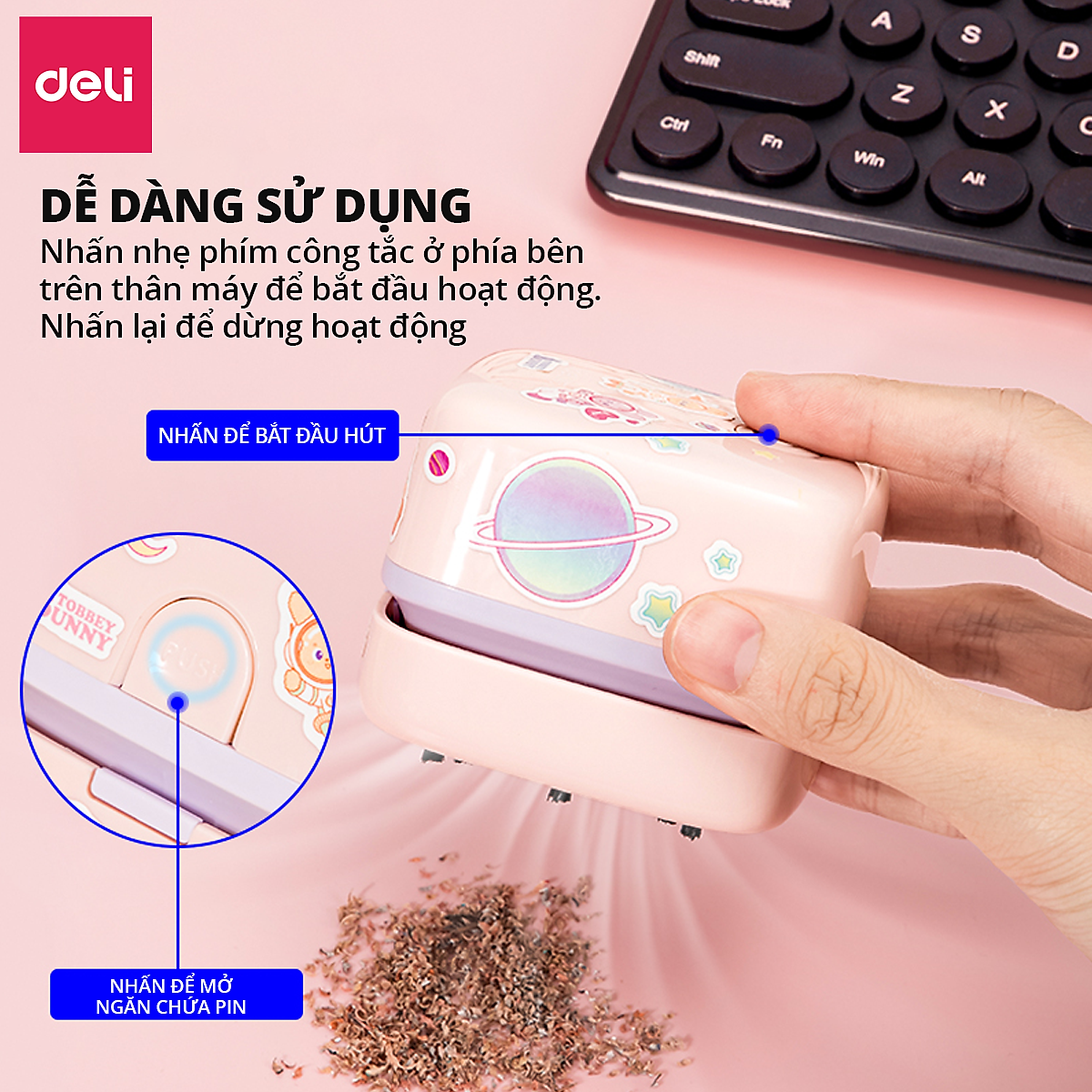 Máy Hút Bụi Mini Để Bàn Deli - Máy Hút Bụi Cầm Tay Dạng Vuông Tiện Dụng Hút Vụn Tẩy Bút Chì - Không Dây Nhỏ Gọn