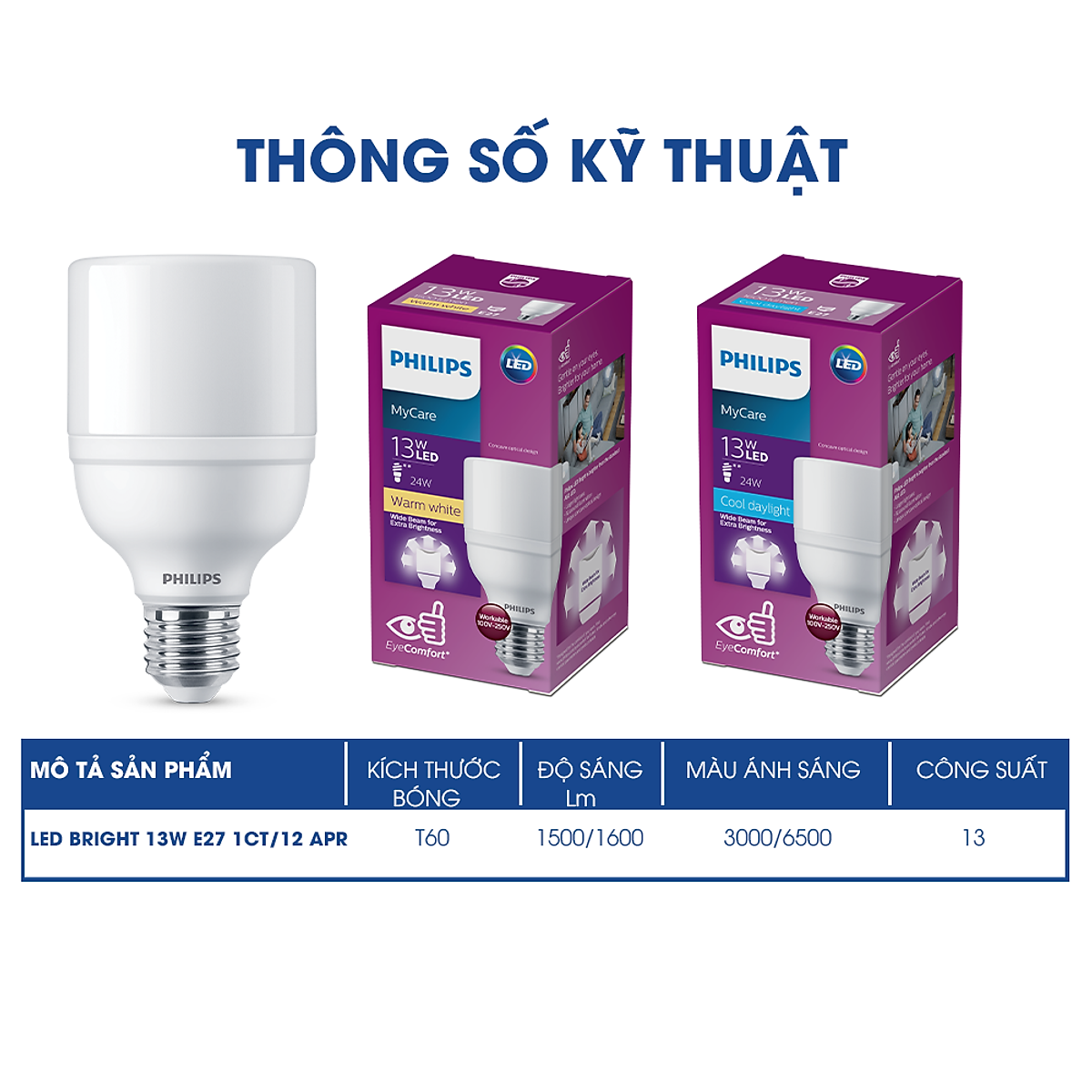 Bóng đèn Philips LED Bright E27 bảo vệ mắt, ánh sáng vàng, ánh sáng trắng (01 bóng)