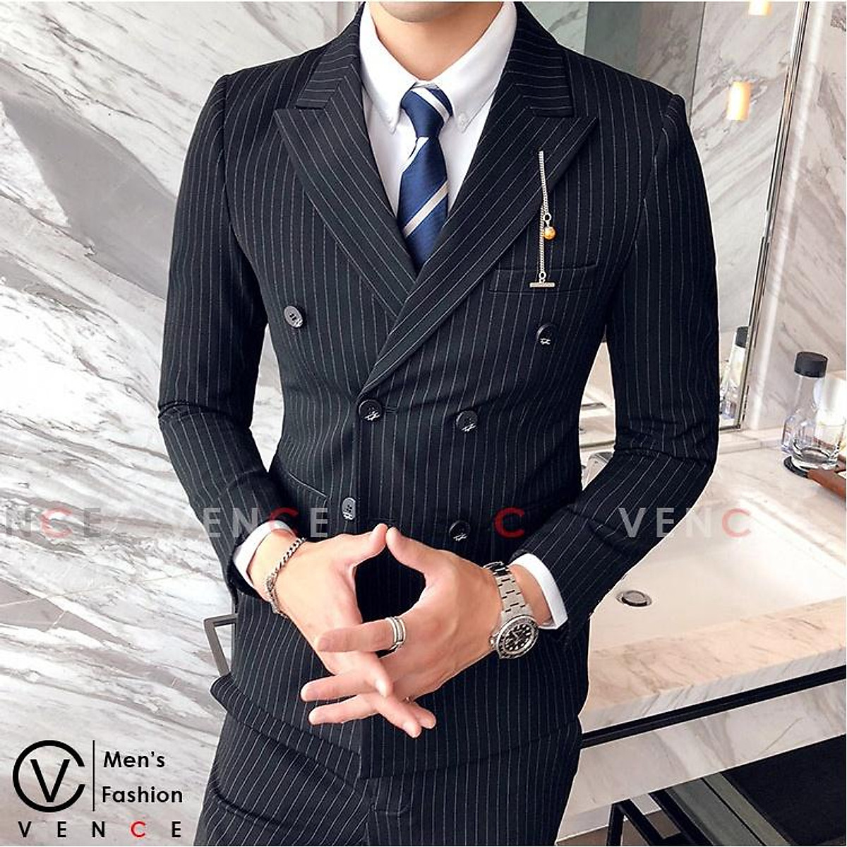 Áo Vest 6 Cúc  Kẻ sọc Ghi 22 Vest nam cao cấp Lapier