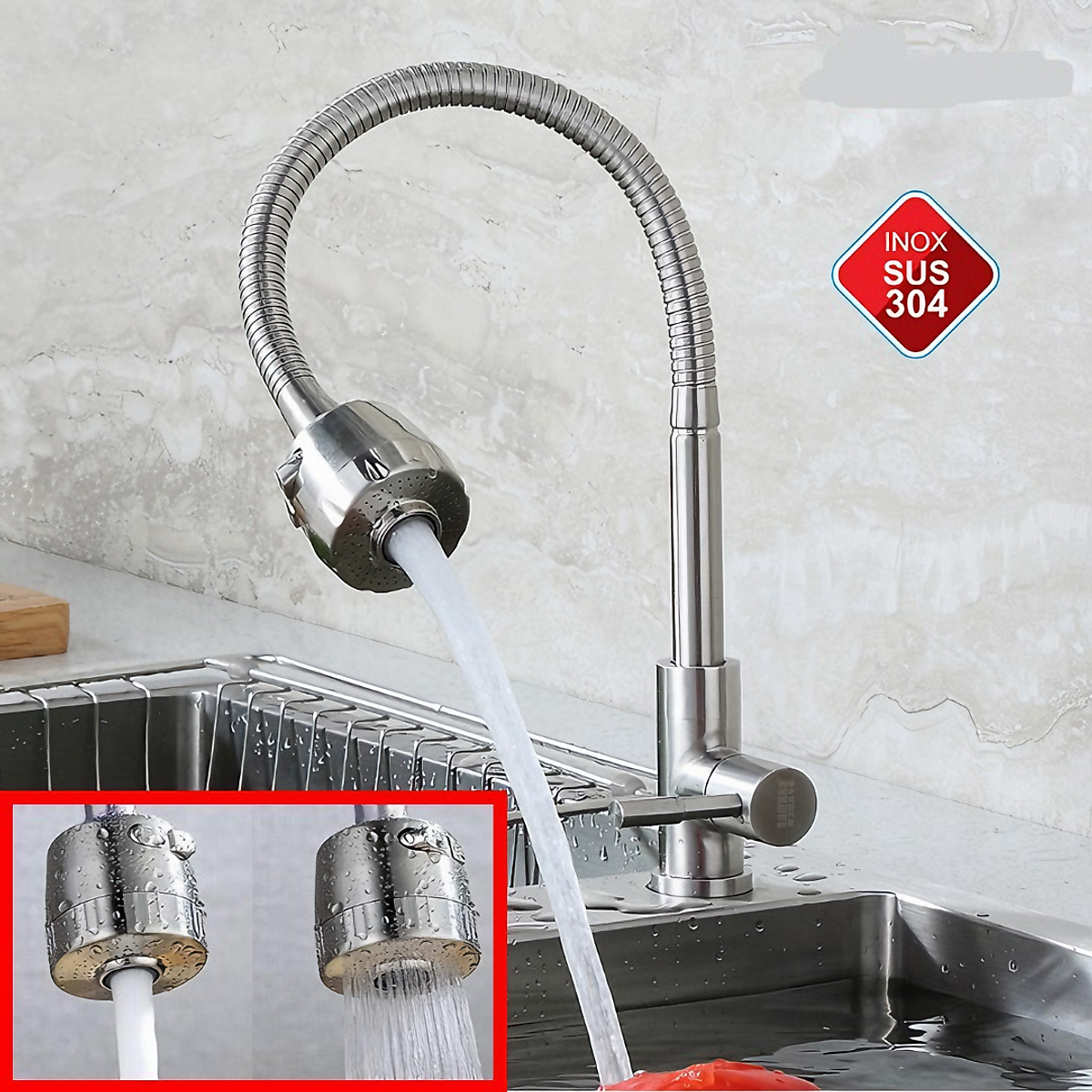 Vòi rửa chén KG15 dùng cho nước lạnh cần bẻ xoay 360độ cao cấp, phù hợp cho mọi chậu rửa, siêu tiết kiệm nước chất liệu inox304- Hàng chính hãng