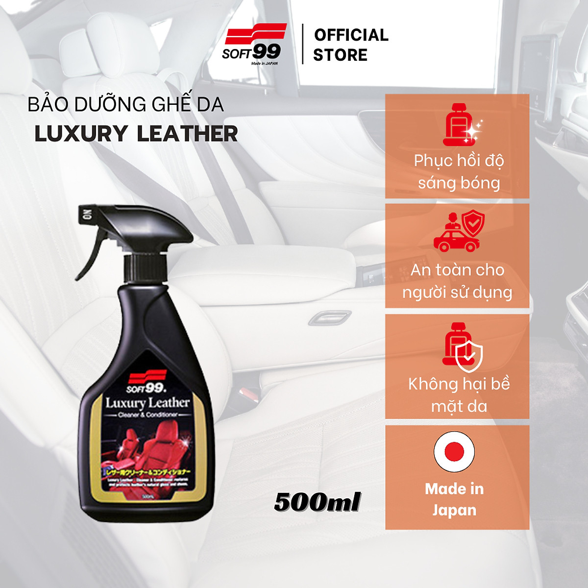 Chai xịt bảo dưỡng ghế da Soft99 Luxury Leather L-52 500ml, làm bóng da, nội thất ô tô
