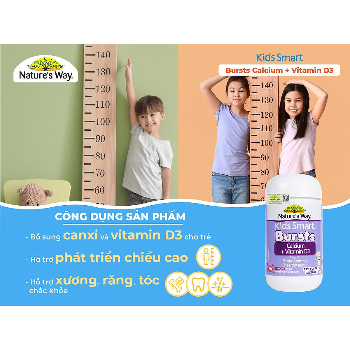 Nature’s Way Kids Smart Bursts Calcium - Bổ sung Vitamin D3 giúp hấp thụ Canxi cho bé từ 6 tháng tuổi nhập khẩu từ Úc (50 viên/ lọ)