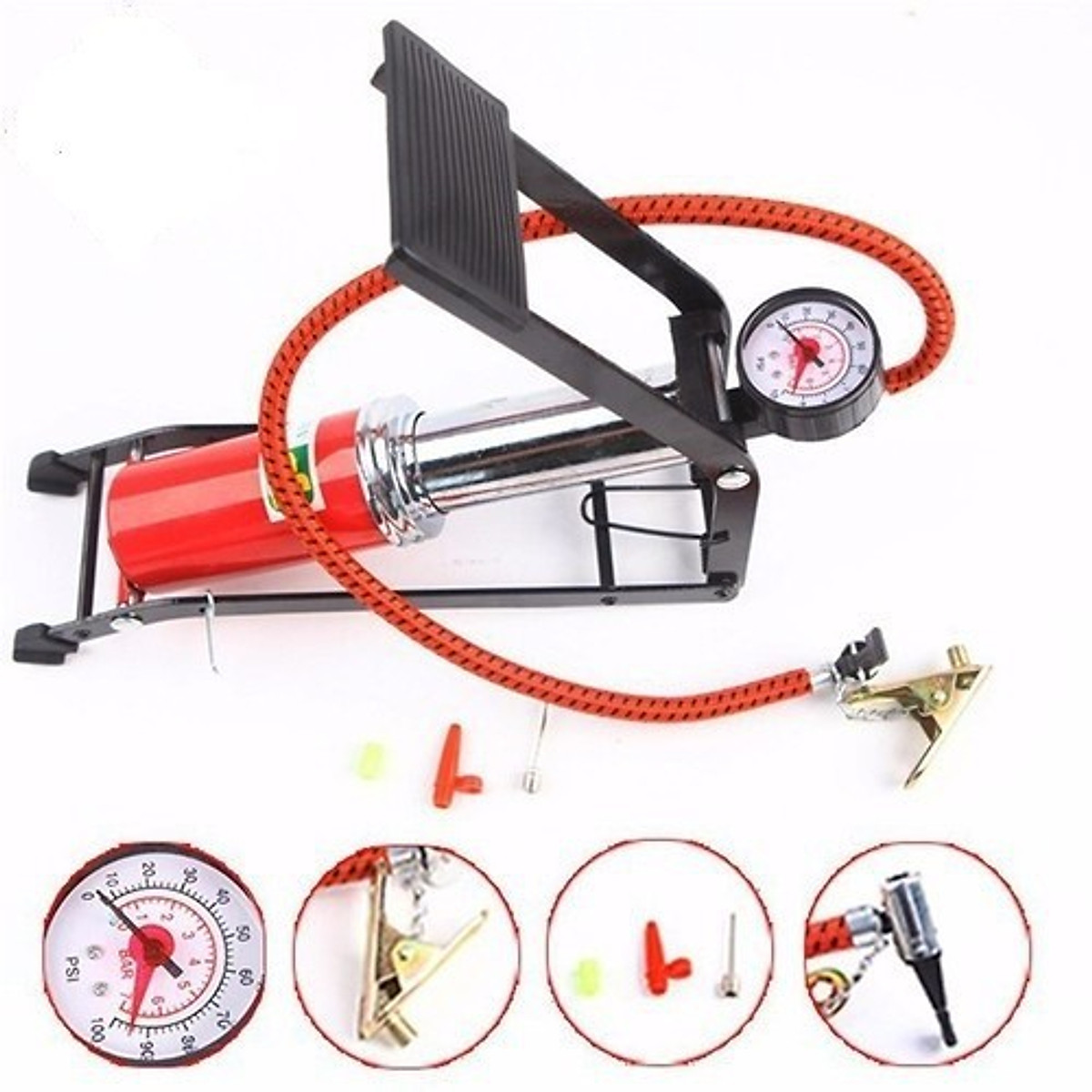Bơm Đạp Chân Mini Xe Đạp Xe Máy Ô Tô Loại 1 Ống Và 2 Ống Piston Đa Năng