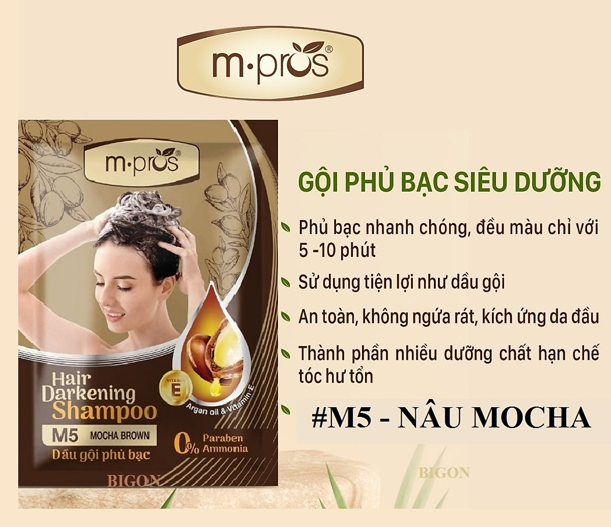 Dầu Gội Nhuộm Tóc Đen & Nâu Phủ Bạc Siêu Dưỡng M.PROS Gói 25ml