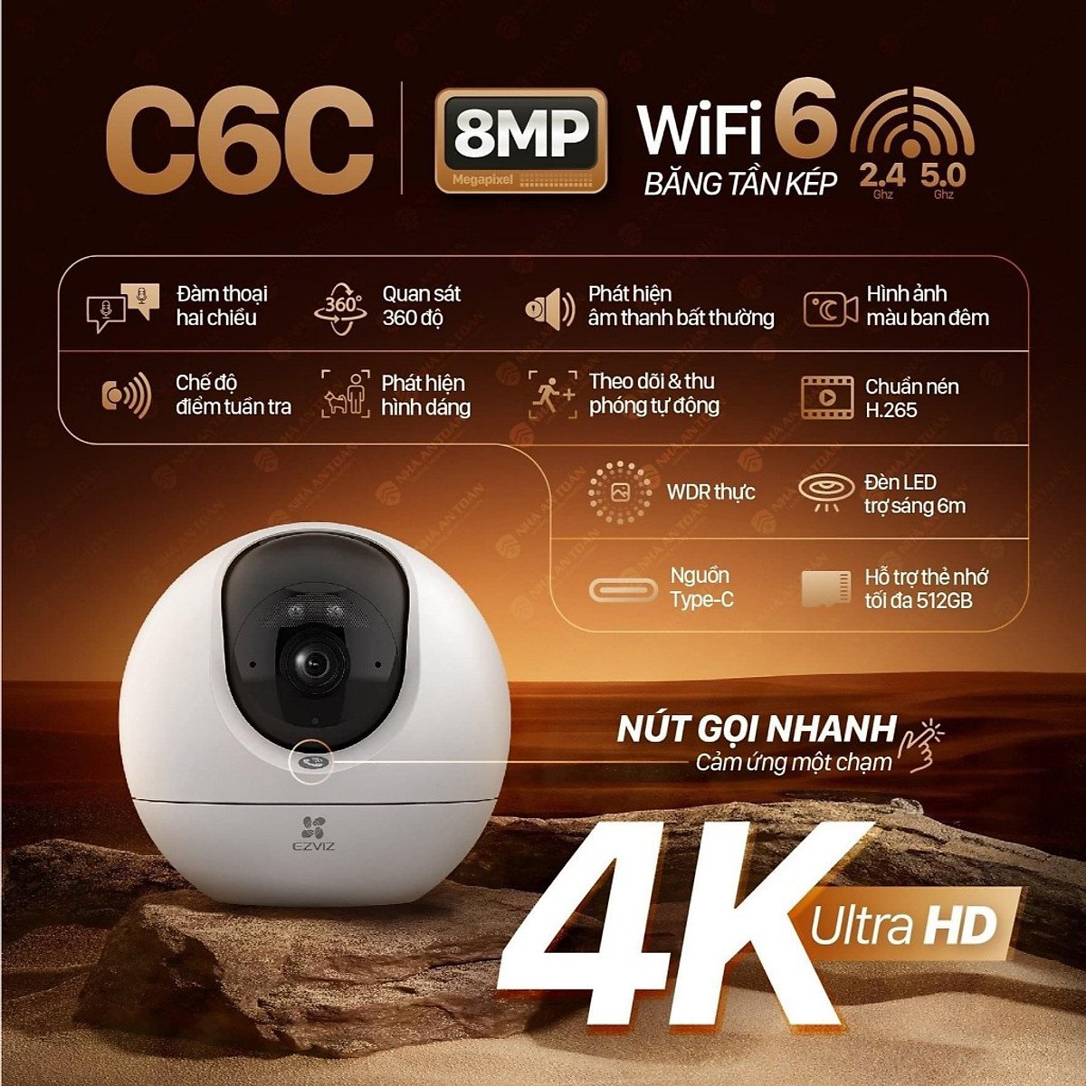 Camera Wifi Ezviz C6C 8M - 4K Siêu Rõ Nét, Quay Quét 360 độ , Đàm thoại 2 chiều, Có màu ban đêm, Phát hiện người AI - hàng chính hãng
