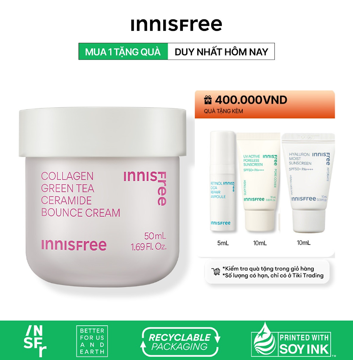 Kem dưỡng giúp làm mờ các dấu hiệu lão hóa trên da INNISFREE Collagen Green Tea Ceramide Bounce Cream 50mL