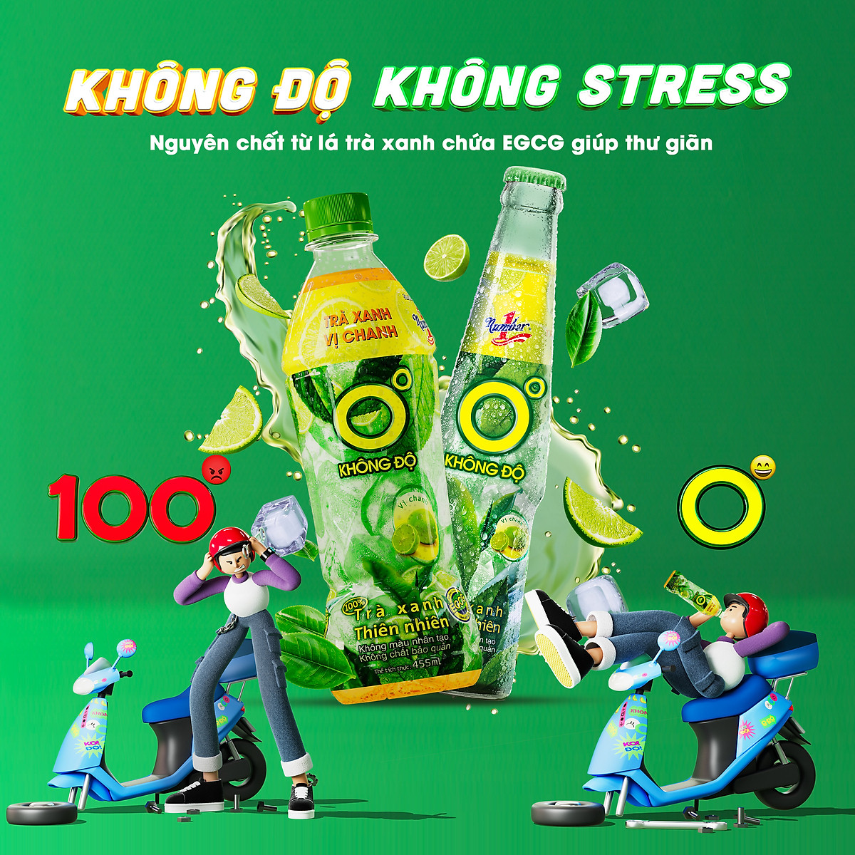 Thùng 24 chai Trà xanh vị chanh Không Độ chai PET 455 ml