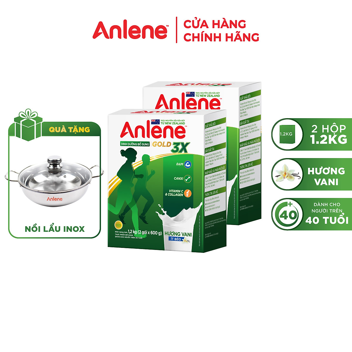 Combo 2 Sữa Bột Anlene Gold 3X Hương Vanilla (Hộp giấy 1200g) - Tặng nồi lẩu inox