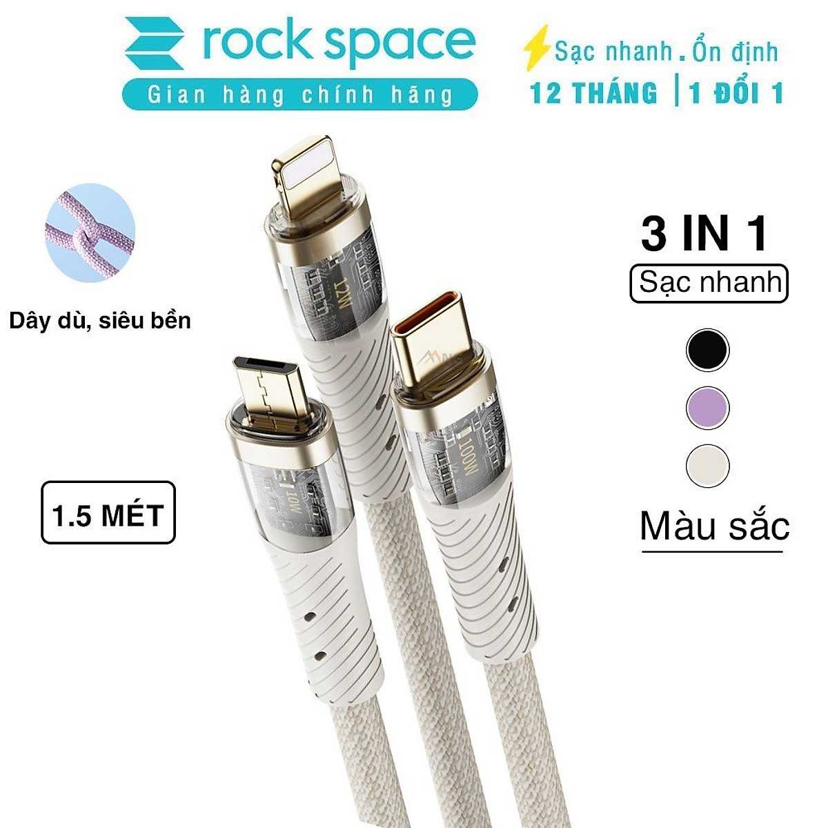 Dây cáp sạc nhanh 3 in 1 Rockspace G20 dây dù, sạc 3 thiết bị cùng lúc - Hàng chính hãng bảo hành 12 tháng