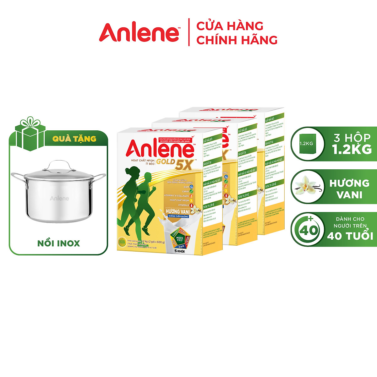 Combo 3 Sữa Bột Anlene Gold 5X Hương Vanilla (Hộp giấy 1200g) tặng nồi inox