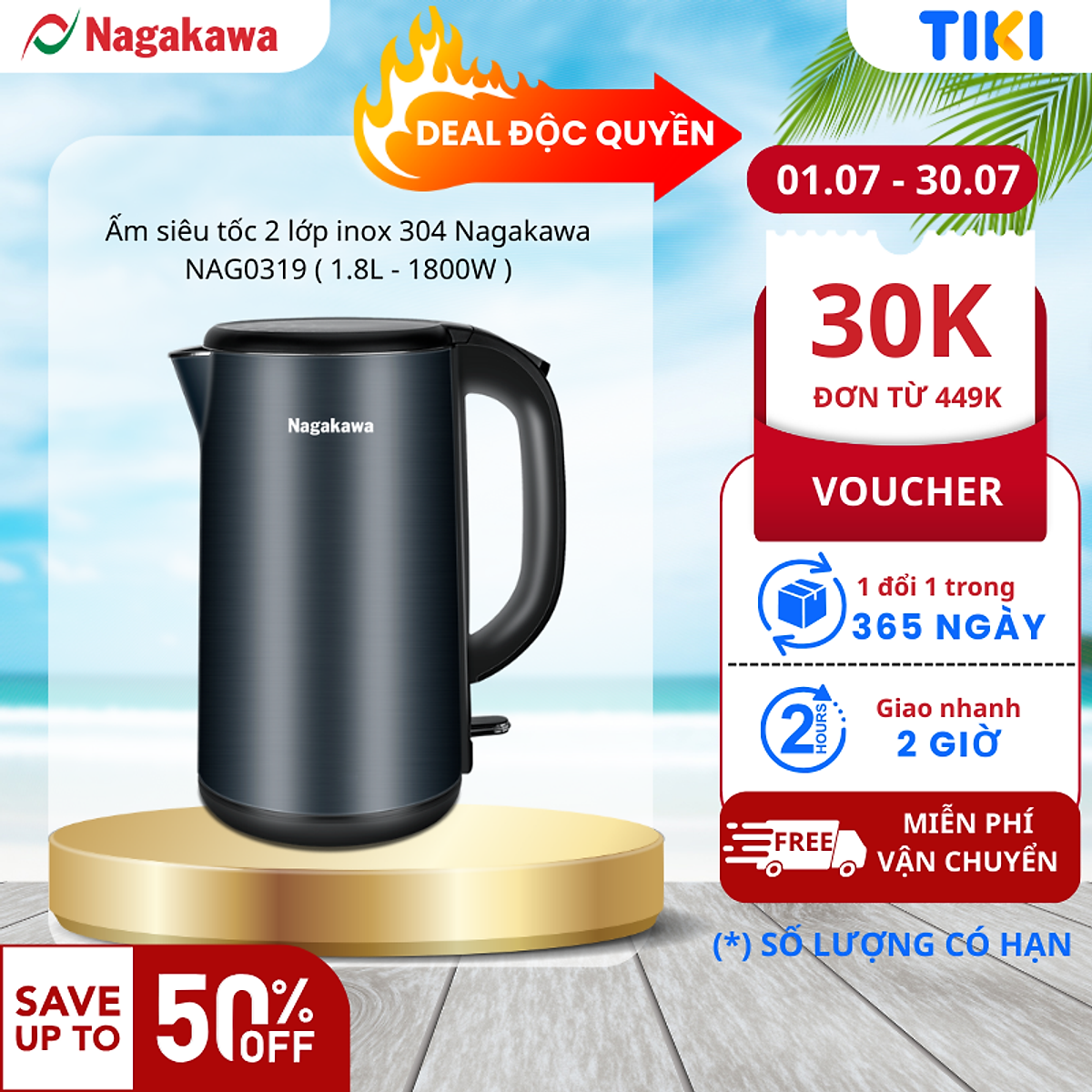Ấm siêu tốc 2 lớp inox 304 Nagakawa NAG0319 (1.8L - 1800W) - Hàng chính hãng