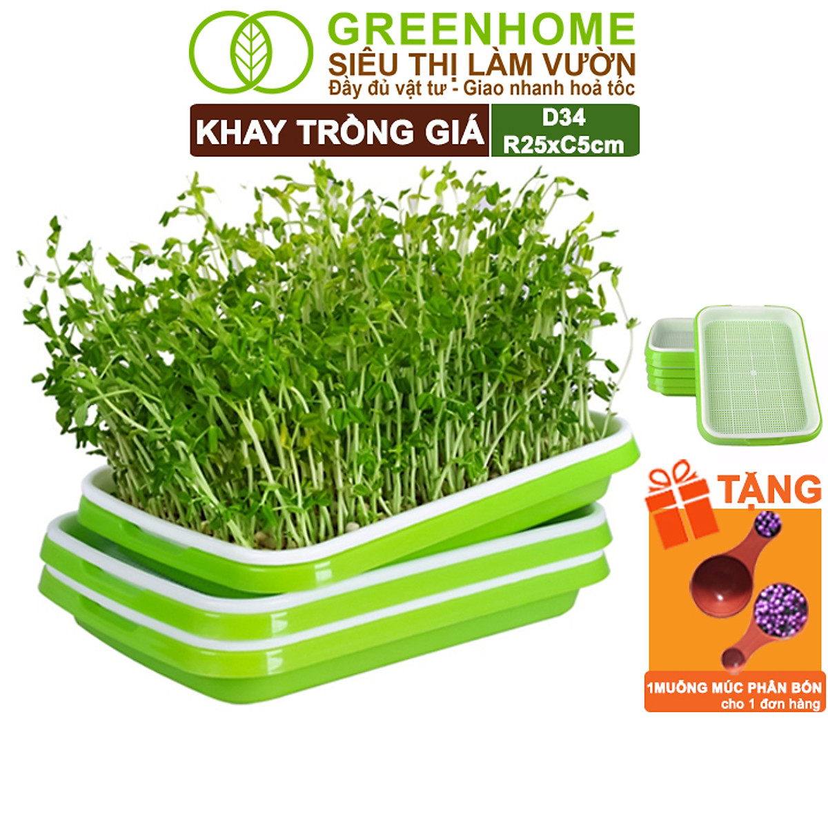Khay Trồng Rau Greenhome, D34xR25xC5cm, Nhựa Nguyên Sinh, An Toàn, Chuyên Trồng Giá, Rau Mầm Tại Nhà, Không Cần Đất