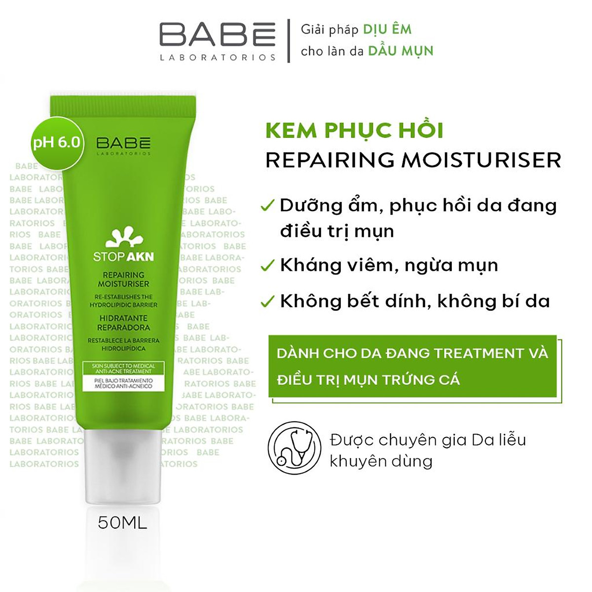 Kem dưỡng phục hồi da sau treatment, thấm siêu nhanh Babe Stop Akn  Repairing Moisturiser 50ml