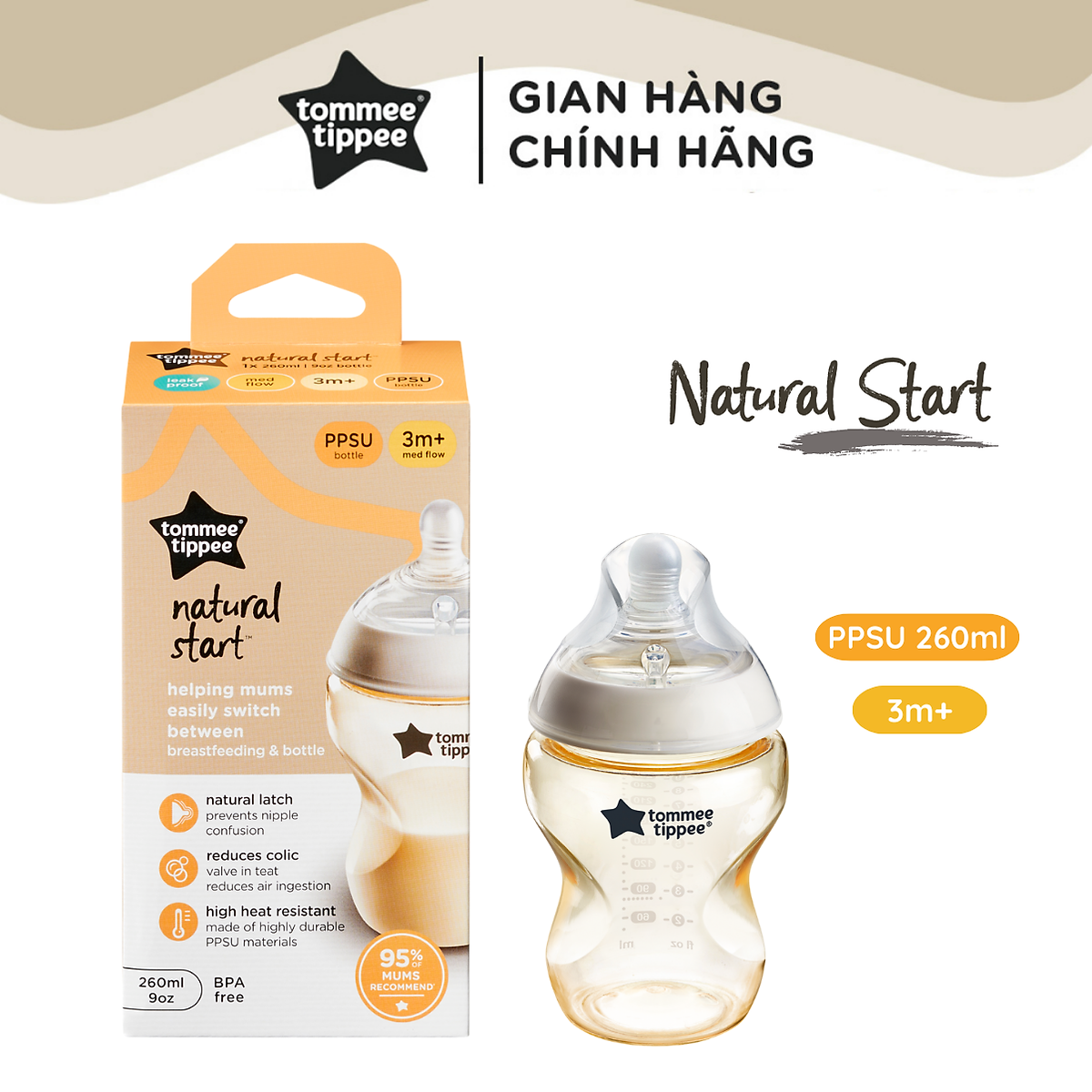 Bình Sữa PPSU Ty Siêu Mềm Tự Nhiên Tommee Tippee Natural Start 260ml, Núm Ty Của Bình 3-6 tháng