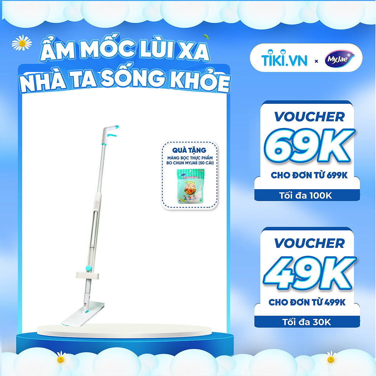 Cây Lau Nhà MyJae Sợi Microfiber Tự Vắt Phun Sương Xoay 360 Độ Thông Minh 138cm