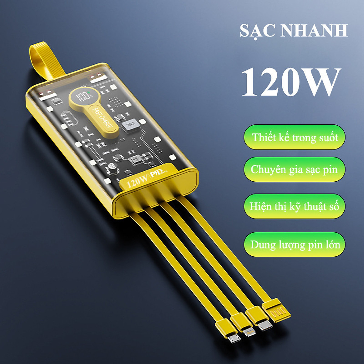 Sạc Dự Phòng trong suốt 30000mAh - sạc siêu nhanh, tích hợp 4 cáp, 2 cổng usb, sạc cùng lúc nhiều điện thoại - Hàng chính hãng