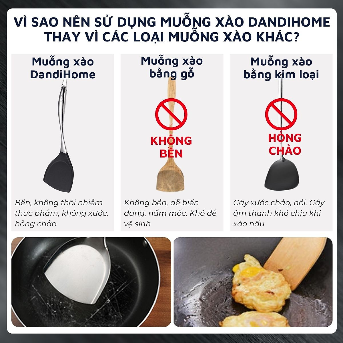 Muỗng xào DandiHome Inox 304 kết hợp bề mặt muỗng silicon cao cấp - chịu được nhiệt độ cao, an toàn với chảo chống dính