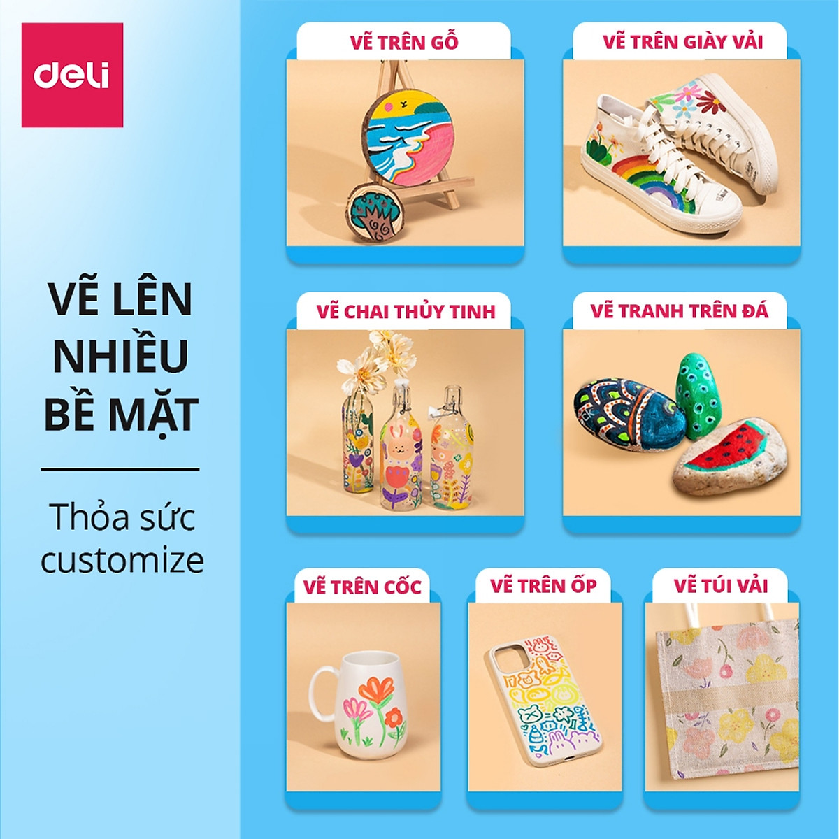 Bút Sơn Acrylic Marker Deli THÊM 80% MỰC - 12/24/36/48/64 Màu Tô Trên Mọi Chất Liệu DIY Vẽ Giày Vải Chai Lọ Nhựa
