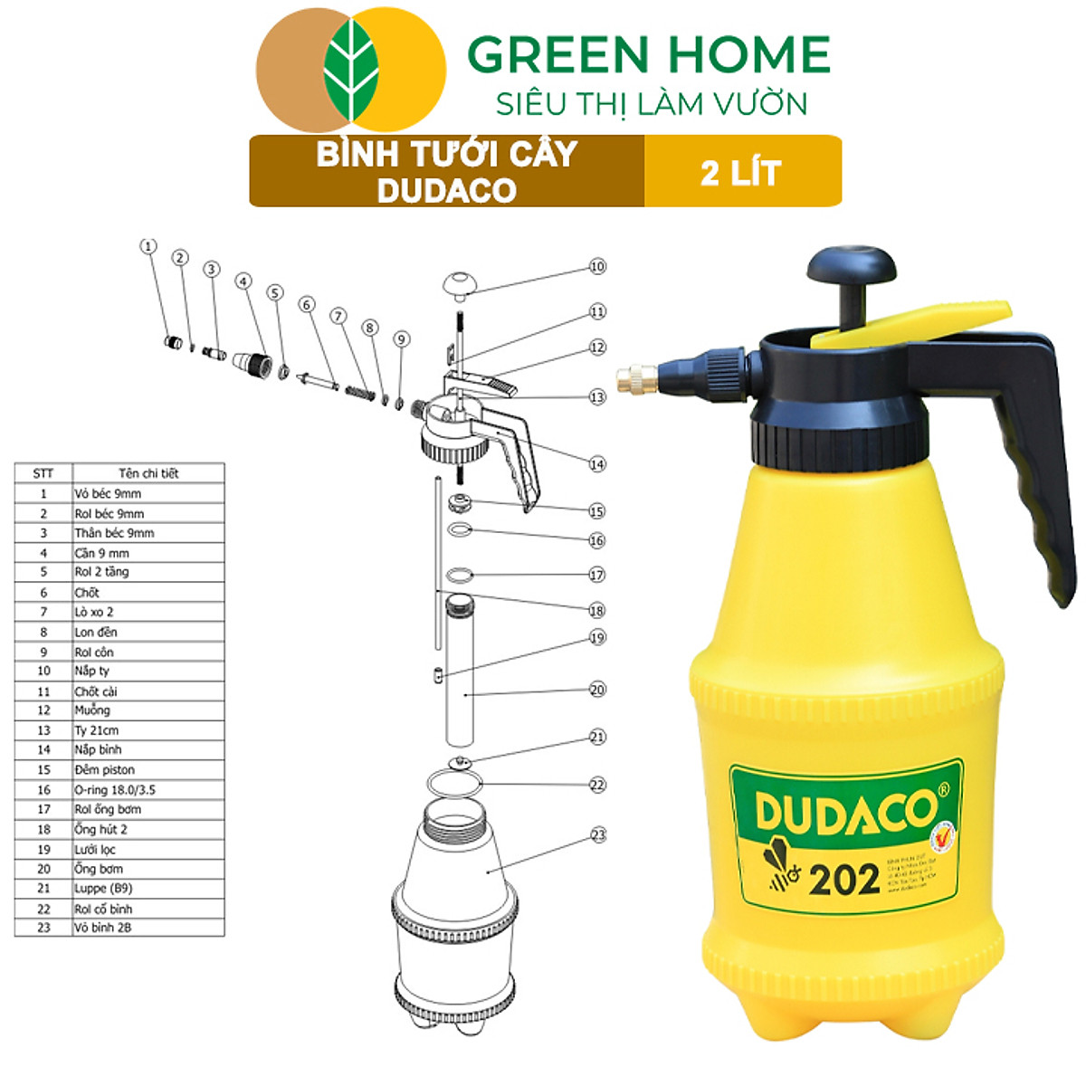 Bình Tưới Cây GreenHome, Dudaco, 2 Lít, Thân Bình Dày, Phun Xa 2 Chế Độ, Bơm Nhẹ Tay, Bình Tưới Cây Phun Sương, Bền, Đẹp